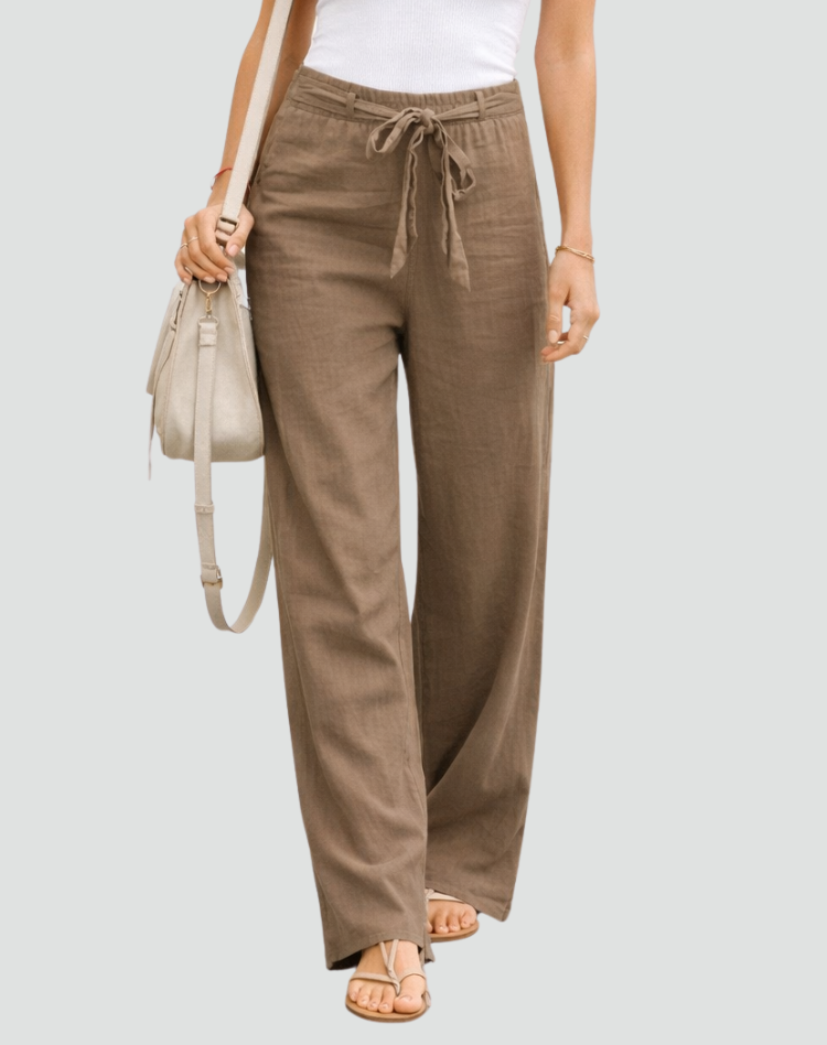 Linnen Wijde Pijp Pantalon met Vetersluiting voor Dames