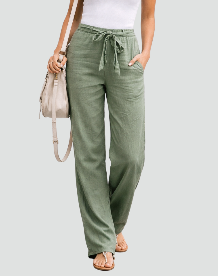 Linnen Wijde Pijp Pantalon met Vetersluiting voor Dames