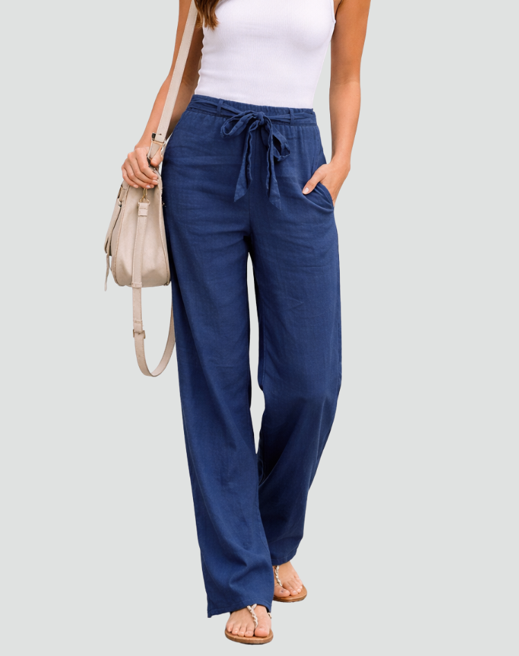 Linnen Wijde Pijp Pantalon met Vetersluiting voor Dames