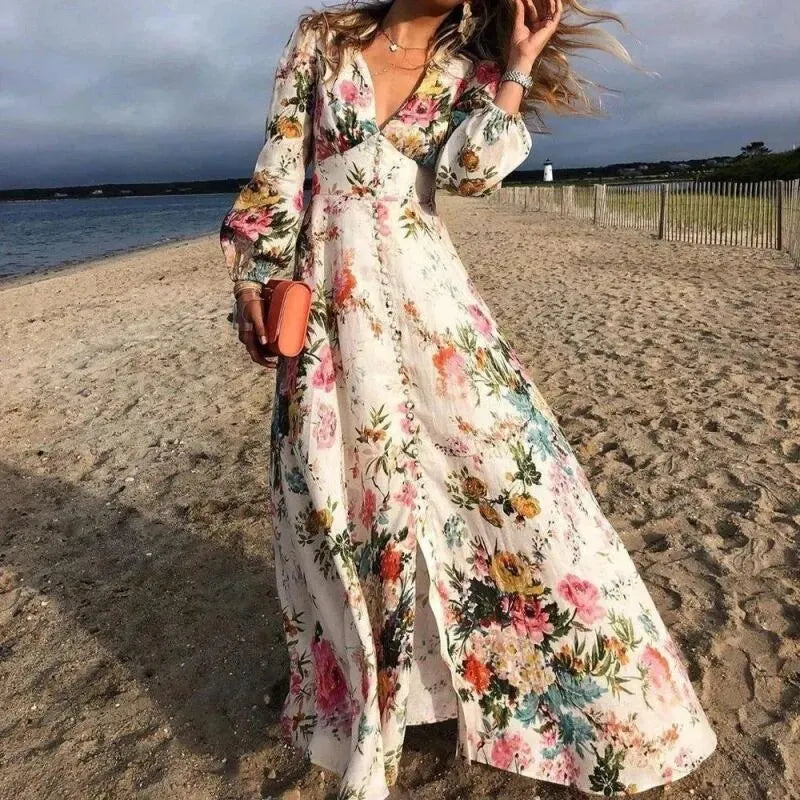 Willa | Bloemen Boho Maxi Jurk met V-Hals en Lange Mouwen voor Dames