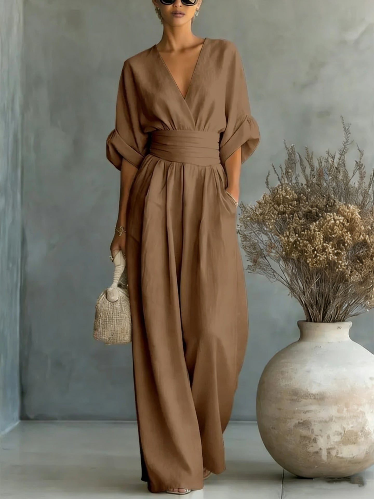 V-Hals Maxi Jumpsuit met Geplooide Details voor Dames