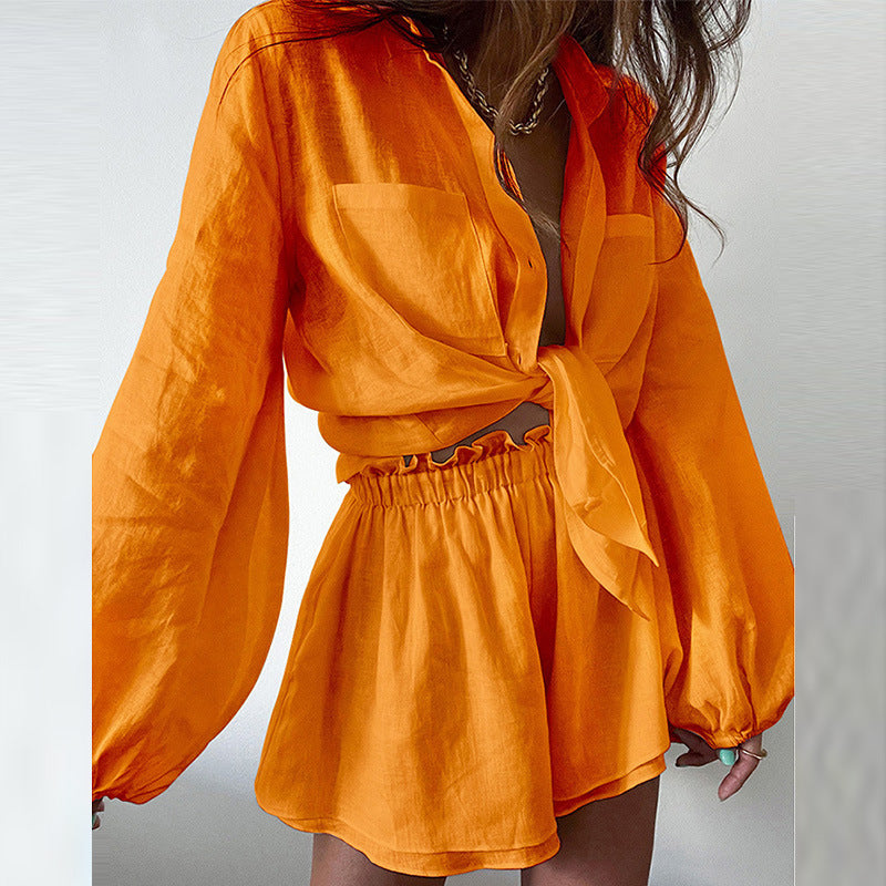 Linnen Tweedelige Set met Blouse en Shorts voor Dames