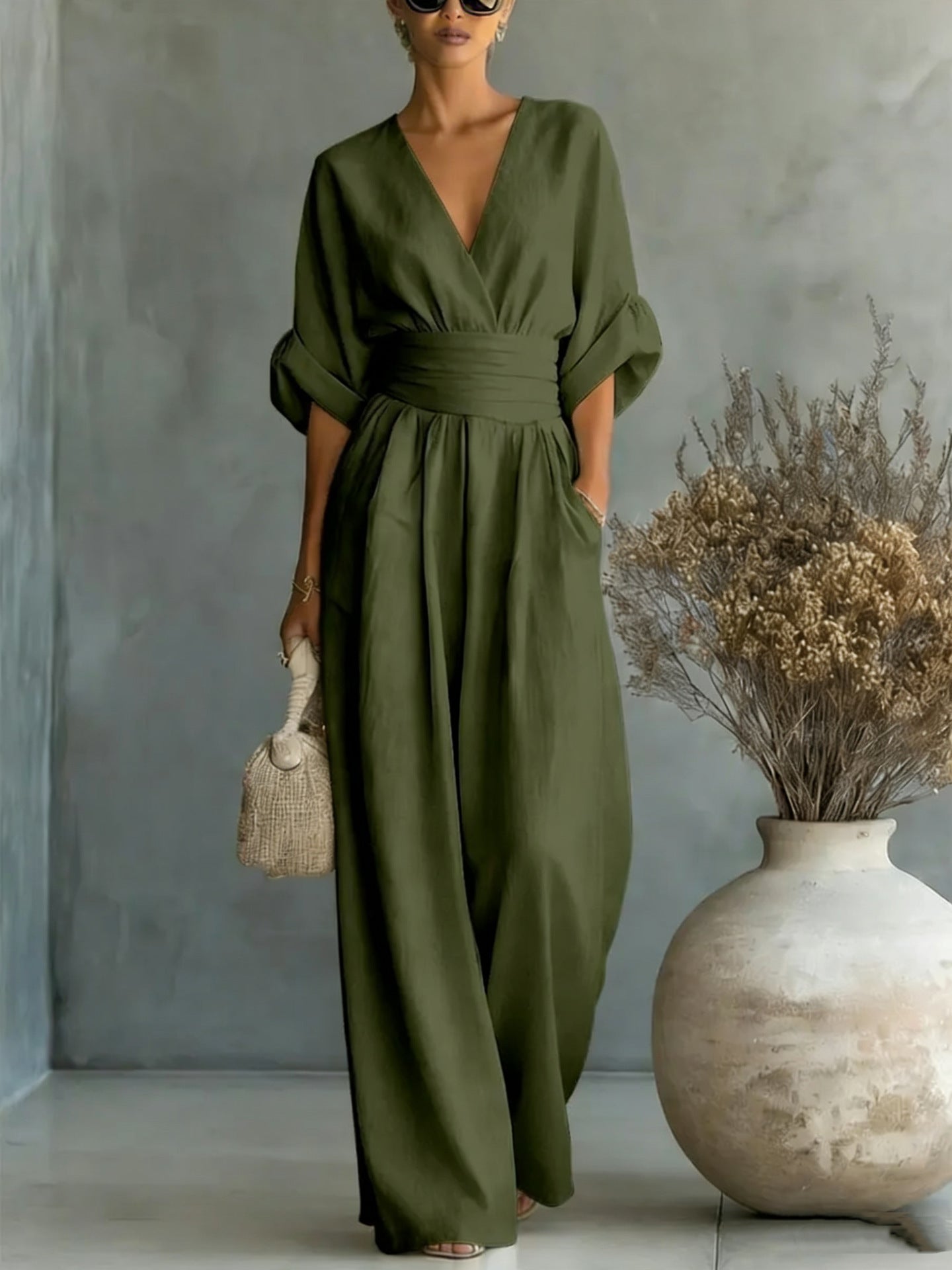 V-Hals Maxi Jumpsuit met Geplooide Details voor Dames