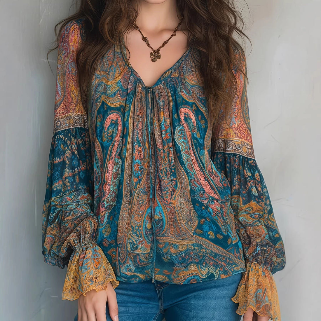 Elara | V-Hals Boho Blouse met Pofmouwen voor Dames