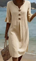 V-Hals Midi Jurk met Knoopsluiting voor Dames