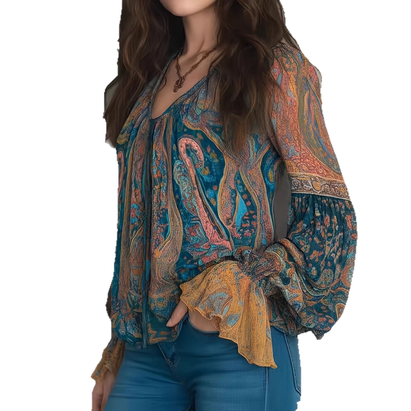 Elara | V-Hals Boho Blouse met Pofmouwen voor Dames