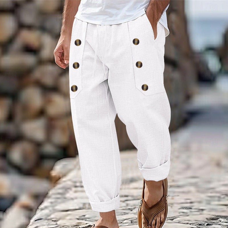 Linnen Rechte Pantalon met Zijknoppen voor Heren