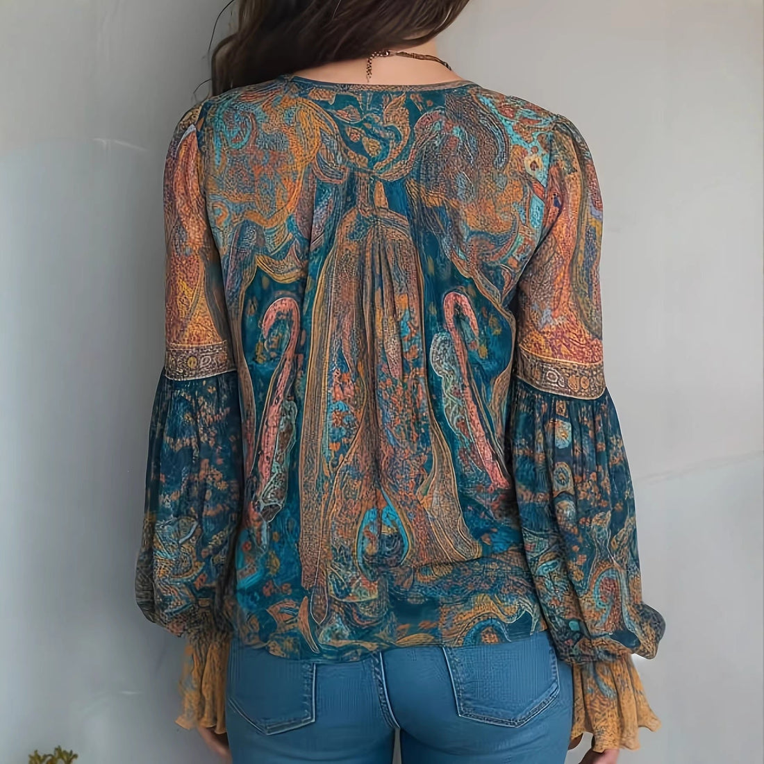Elara | V-Hals Boho Blouse met Pofmouwen voor Dames