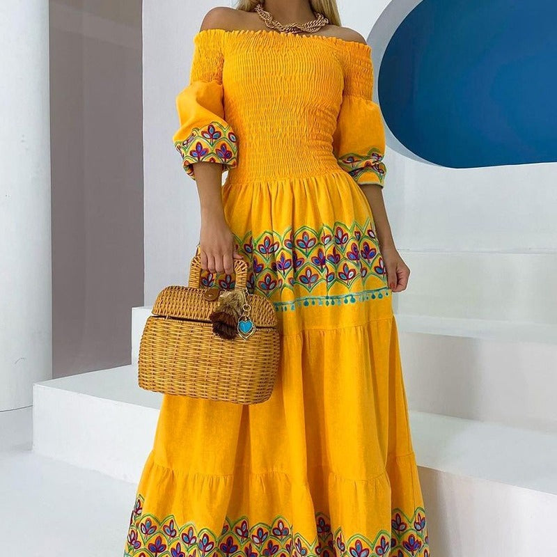 Zara | Off-Shoulder Bloemen Maxi Jurk met Pofmouwen voor Dames