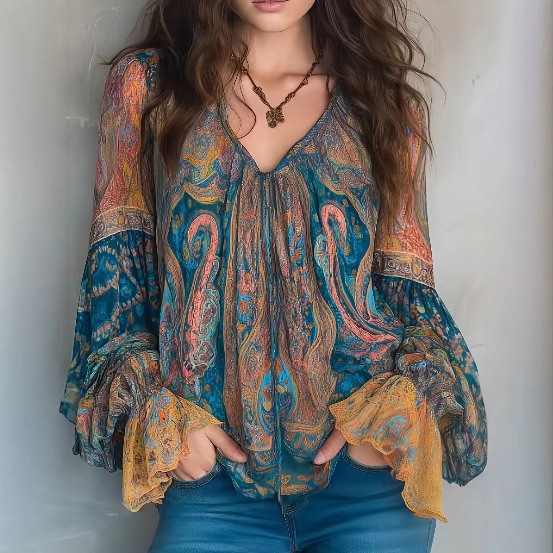 Elara | V-Hals Boho Blouse met Pofmouwen voor Dames