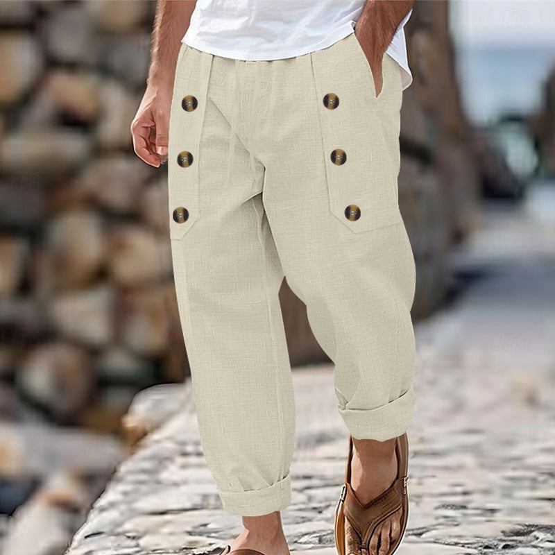 Linnen Rechte Pantalon met Zijknoppen voor Heren
