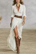 Linnen Maxi Jurk met Beinsplit en Belted voor Dames