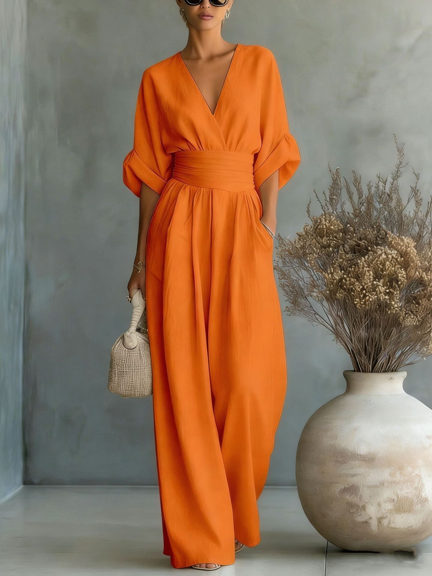 V-Hals Maxi Jumpsuit met Geplooide Details voor Dames