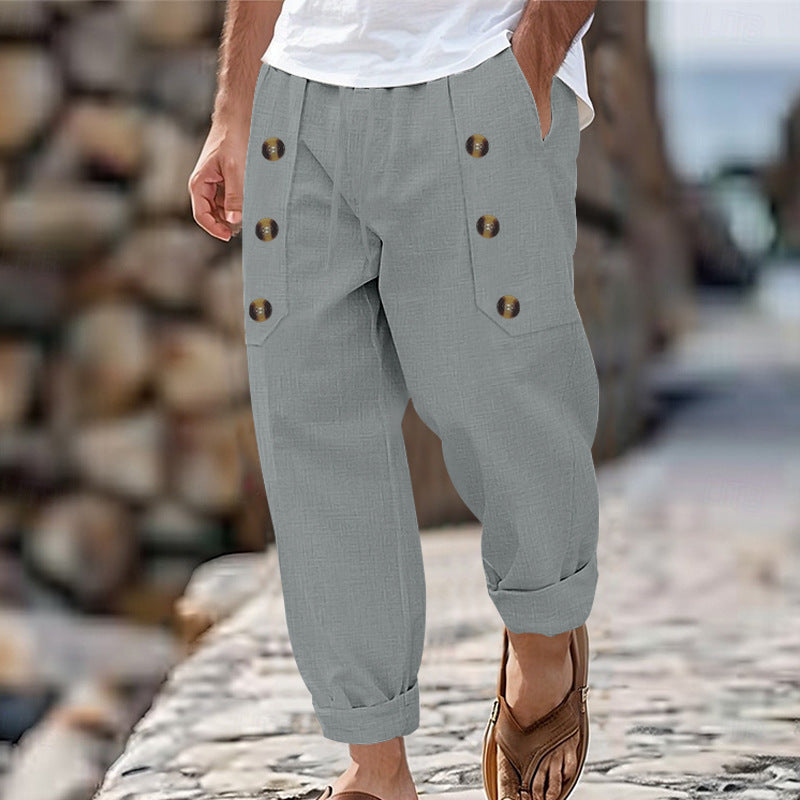 Linnen Rechte Pantalon met Zijknoppen voor Heren