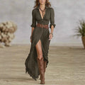 Linnen Maxi Jurk met Beinsplit en Belted voor Dames