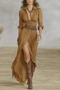 Linnen Maxi Jurk met Beinsplit en Belted voor Dames