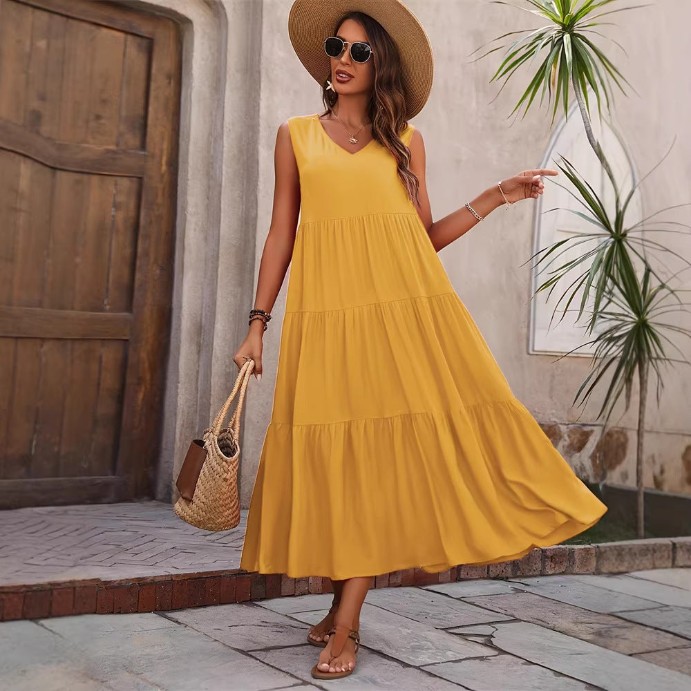 Mouwloze Maxi Jurk met V-Hals en Geplooide Volant voor Dames