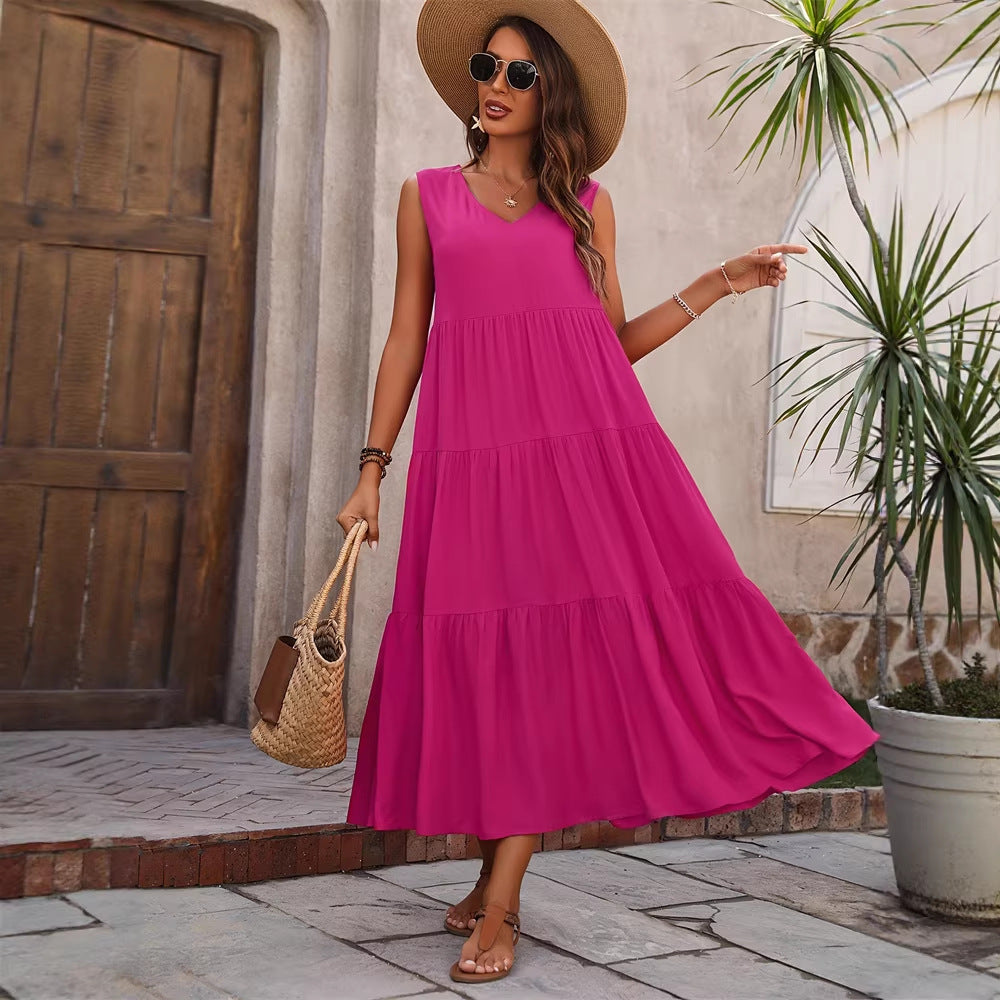 Mouwloze Maxi Jurk met V-Hals en Geplooide Volant voor Dames