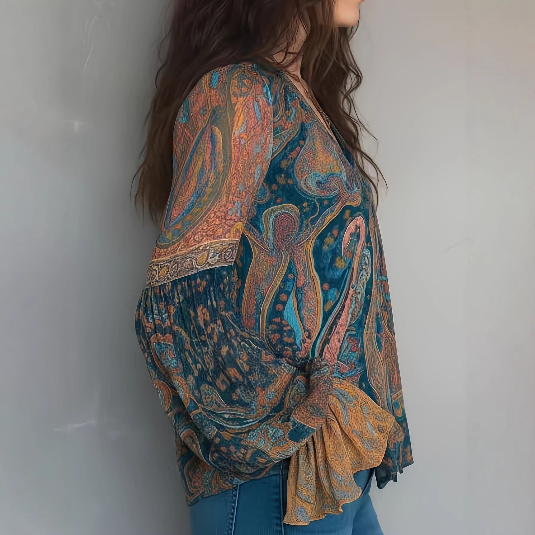 Elara | V-Hals Boho Blouse met Pofmouwen voor Dames