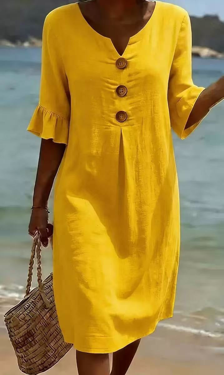 V-Hals Midi Jurk met Knoopsluiting voor Dames