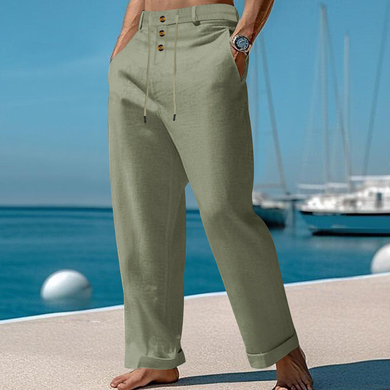 Linnen Straight Leg Pantalon met Knoopsluiting voor Heren