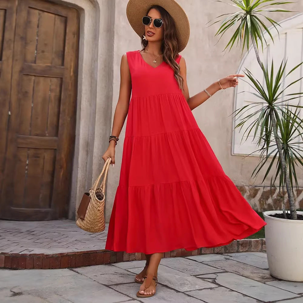 Mouwloze Maxi Jurk met V-Hals en Geplooide Volant voor Dames