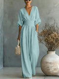 V-Hals Maxi Jumpsuit met Geplooide Details voor Dames
