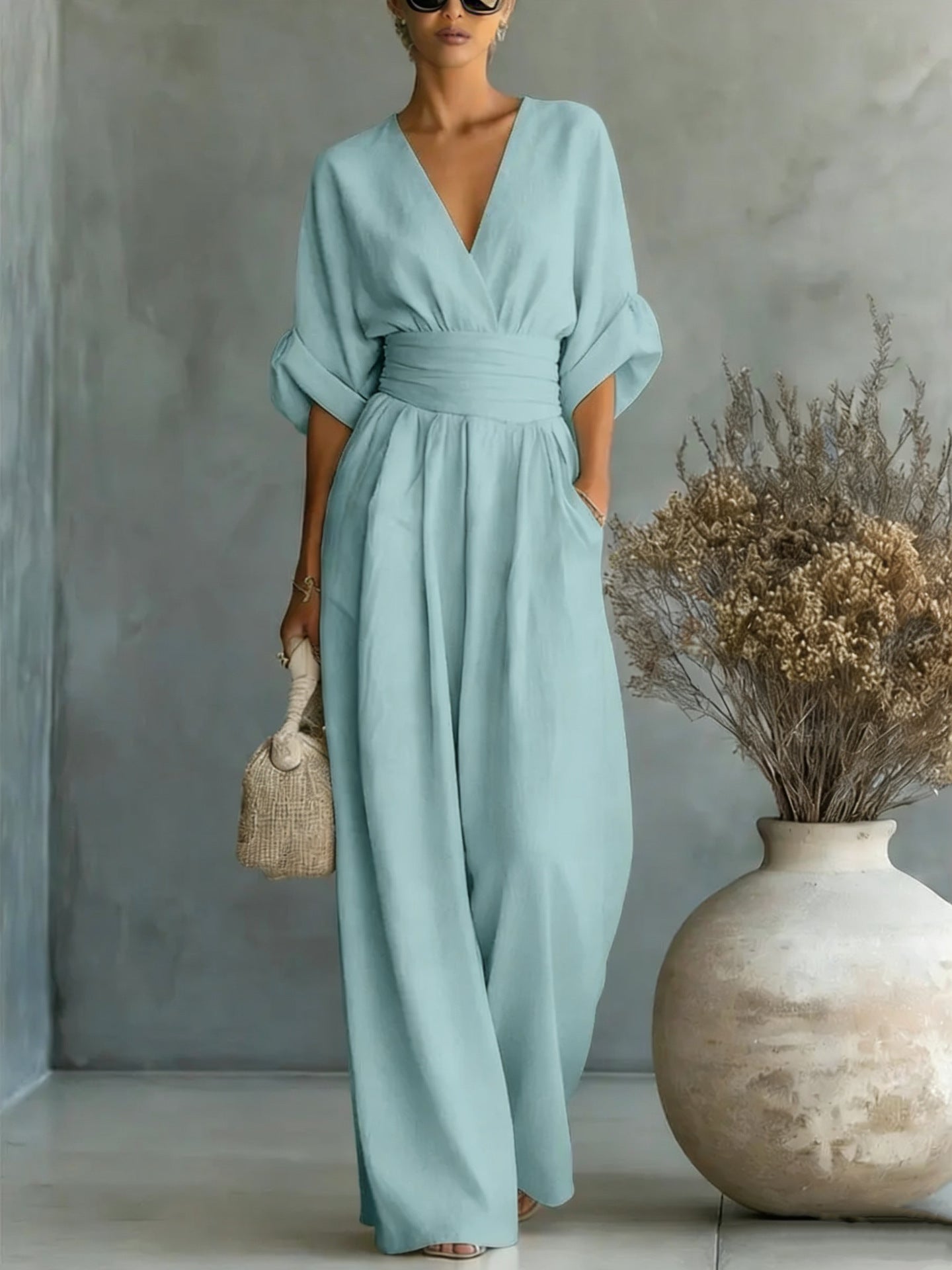 V-Hals Maxi Jumpsuit met Geplooide Details voor Dames