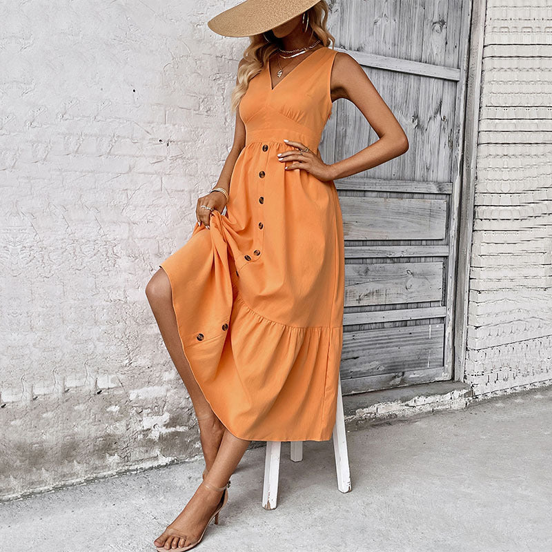 Mouwloze Maxi Jurk met Knoopsluiting en A-Lijn voor Dames