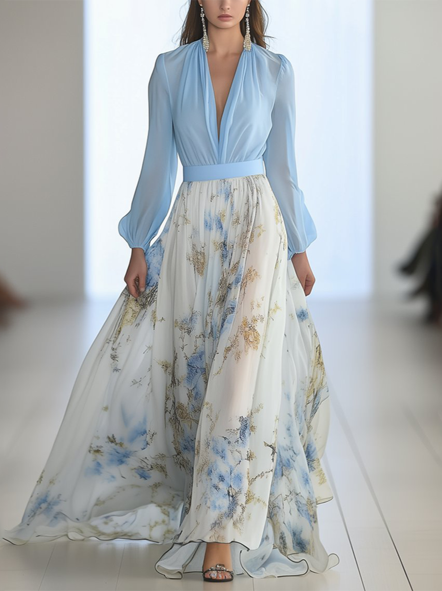 Bloemen Maxi Jurk met V-Hals en Lange Mouwen voor Dames