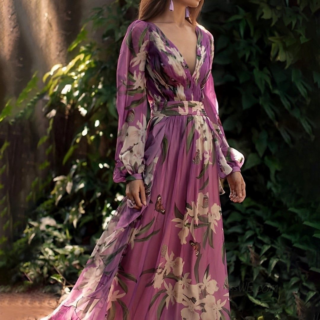 Bloemen Maxi Jurk met V-Hals en Pofmouwen voor Dames