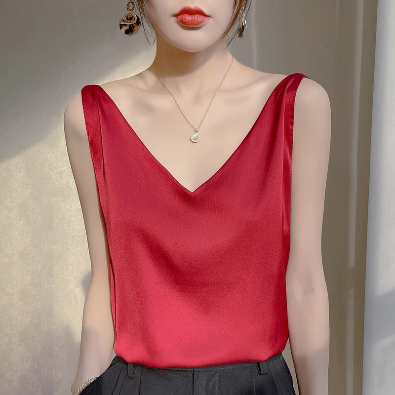 Jill | Mouwloze Satijnen Blouse met V-Hals voor Dames