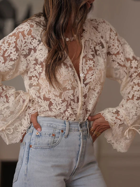Kant Blouse met Lange Mouwen voor Dames