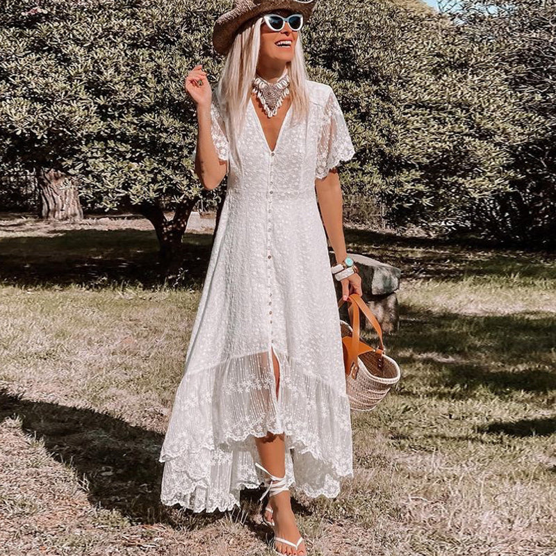 Romy | Boho Kantjurk met V-Hals en Korte Mouwen voor Dames