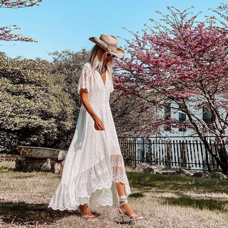 Romy | Boho Kantjurk met V-Hals en Korte Mouwen voor Dames