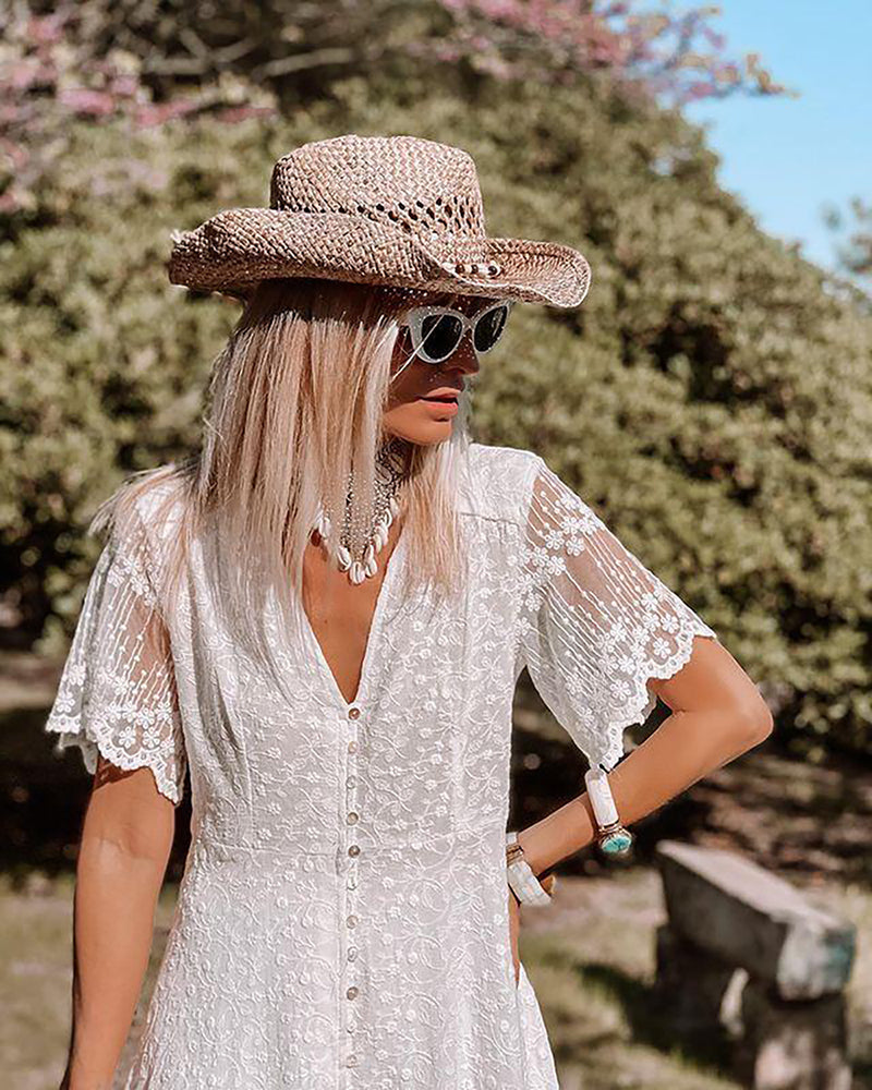 Romy | Boho Kantjurk met V-Hals en Korte Mouwen voor Dames