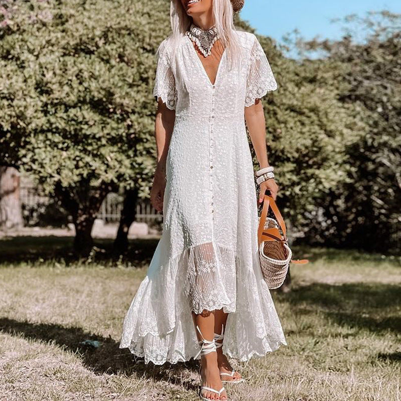 Romy | Boho Kantjurk met V-Hals en Korte Mouwen voor Dames