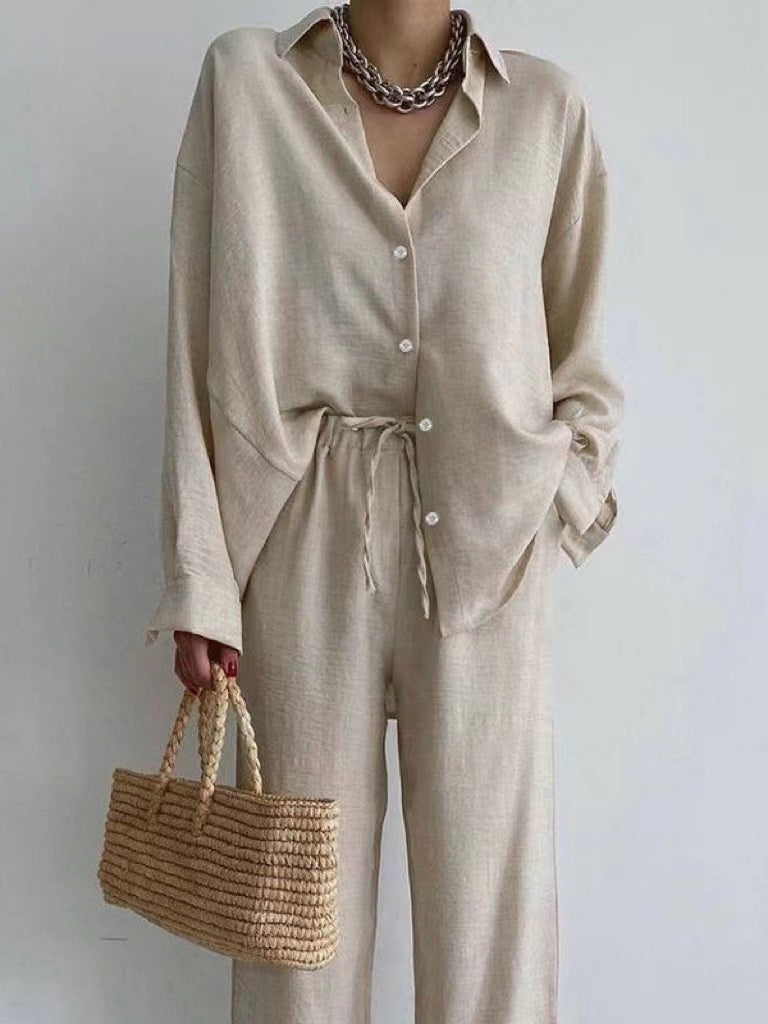 Oversized Linnen Blouse met Wijde Broek Set voor Dames