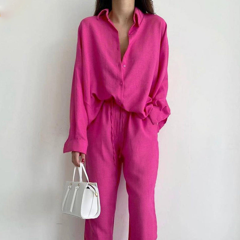 Oversized Linnen Blouse met Wijde Broek Set voor Dames