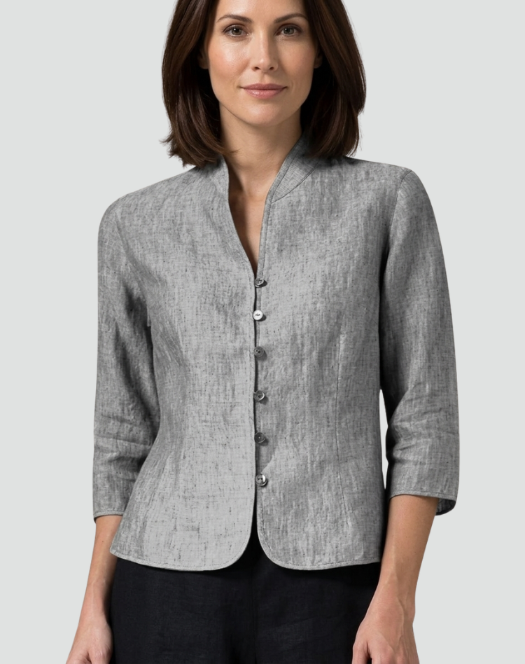 Linnen Blouse met Opstaande Kraag en Knoopsluiting voor Dames