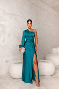 Satijnen One-Shoulder Maxi Jurk met Beinsplit voor Dames