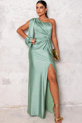 Satijnen One-Shoulder Maxi Jurk met Beinsplit voor Dames