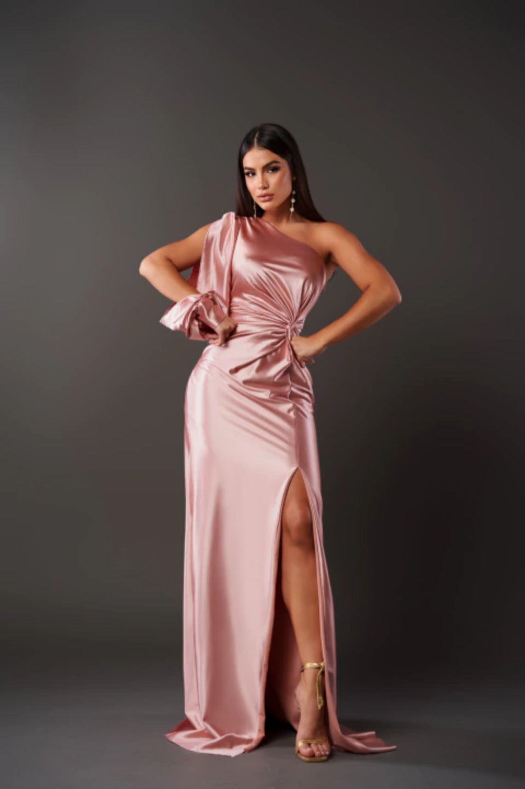 Satijnen One-Shoulder Maxi Jurk met Beinsplit voor Dames
