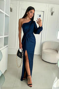 Satijnen One-Shoulder Maxi Jurk met Beinsplit voor Dames