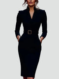 Belted Midi Cocktailjurk met Lange Mouwen voor Dames