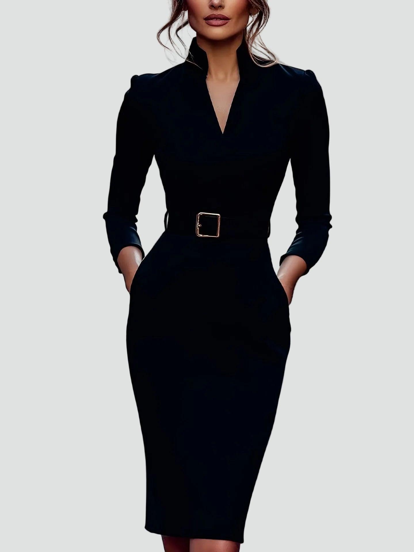 Belted Midi Cocktailjurk met Lange Mouwen voor Dames