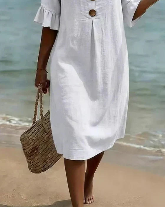 V-Hals Midi Jurk met Knoopsluiting voor Dames