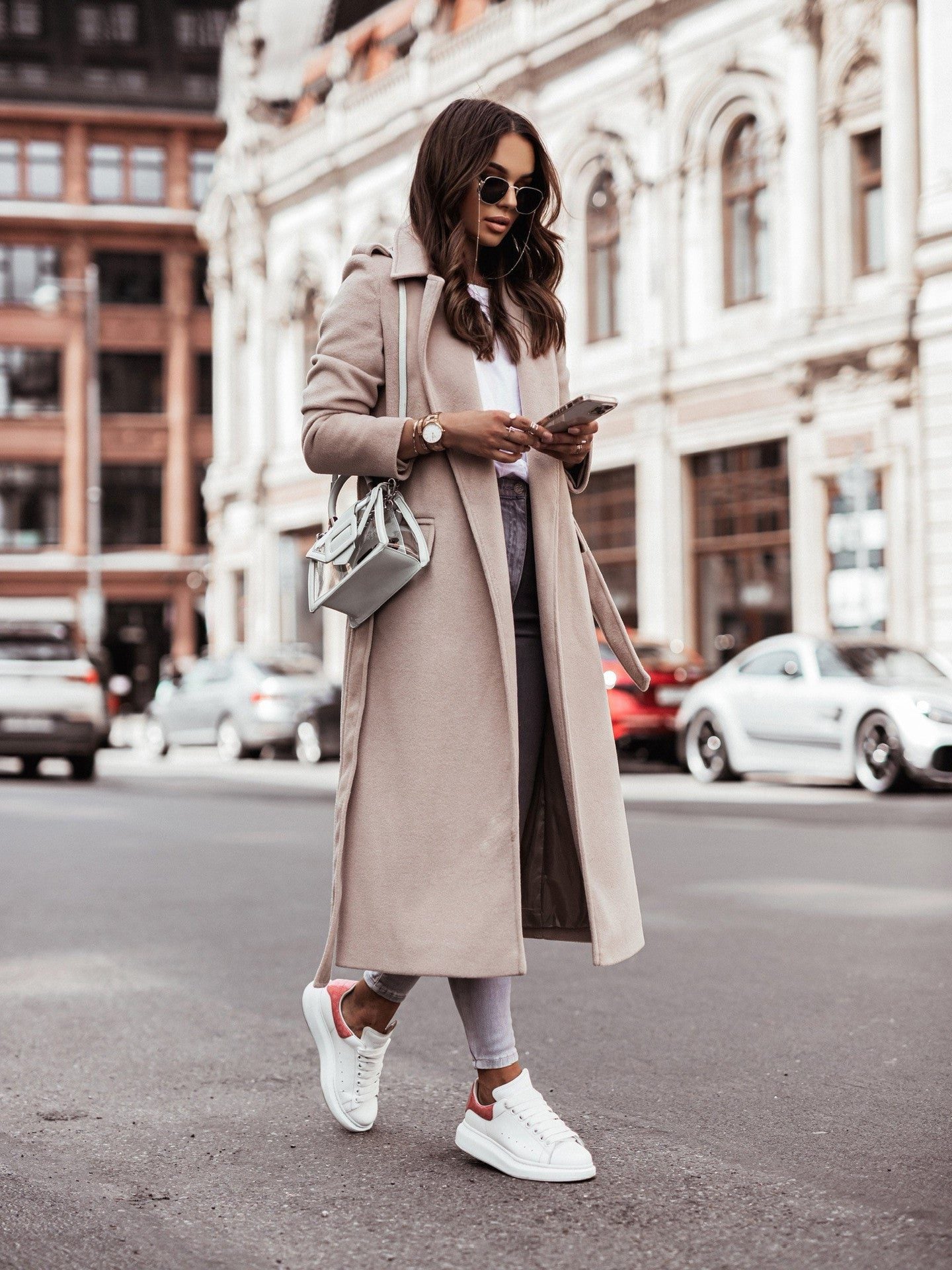 Belted Midi Mantel voor Dames - Beige