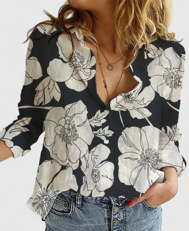 Linnen V-Hals Blouse met Knoopsluiting voor Dames