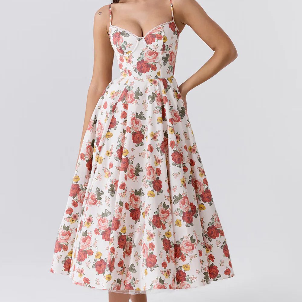 Bloemen A-Lijn Midi Jurk met Spaghettibandjes voor Dames